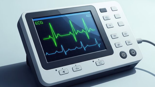 Close-up of an ECG machine with a green and blue waveform on a bright screen
