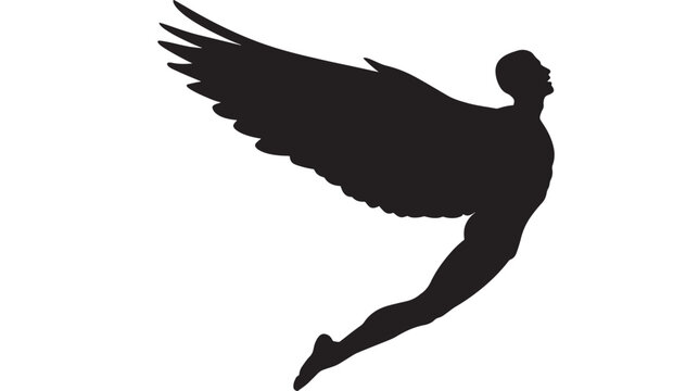 Silhouette of a winged man in mid-flight with one arm raised and head tilted upwards against a white background.