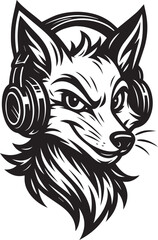 Obraz premium a black and white illustration of a wolf's head wearing headphones, perfect for music or gaming related projects