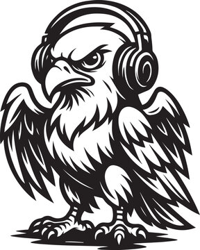 a fierce eagle with headphones on, perfect for music or gaming concepts, in a bold black and white flat design