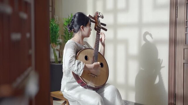 Serene classical music performance from violin fingerboard on elegant female musician play traditional musical string folk instrument, showcasing her skill at a wedding, recital or rehearsal on stage