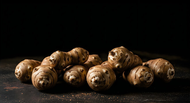 Pile of fresh oca tubers on dark background, studio shot