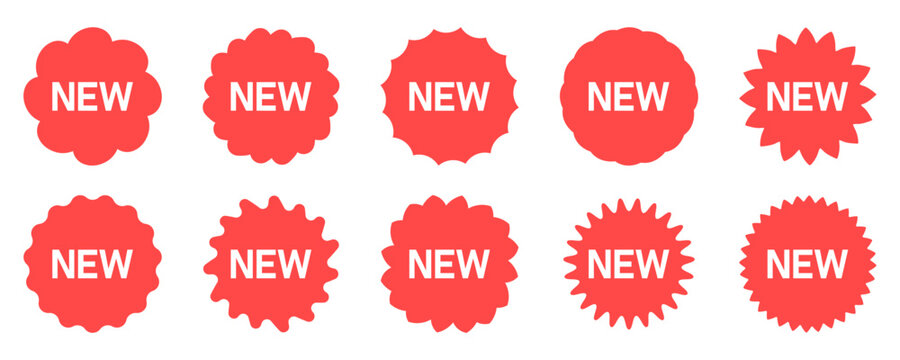 Set of red 'NEW' arrival badges and stickers in assorted shapes for product announcements.