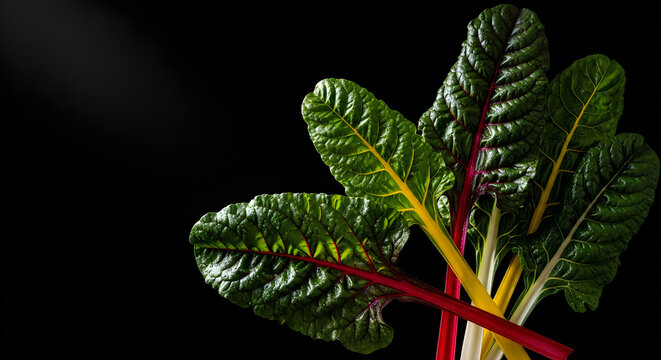 Vibrant green and red chard leaves on a dark background with yellow stems