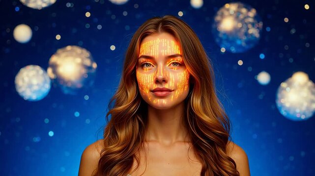 Woman with glowing face against blue background