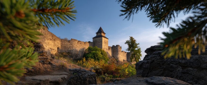 Stunning panoramic view of Kamianets Castle ruins framed by pine and bright blue sky.