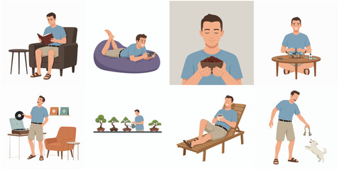 Fototapeta premium Flat Cartoon Style Man Daily Activity and Hobby Illustration Set