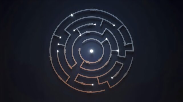 Circular circuit board labyrinth with glowing core &ndash; Ideal for AI problem solving, logic puzzles, or computer engineering.
