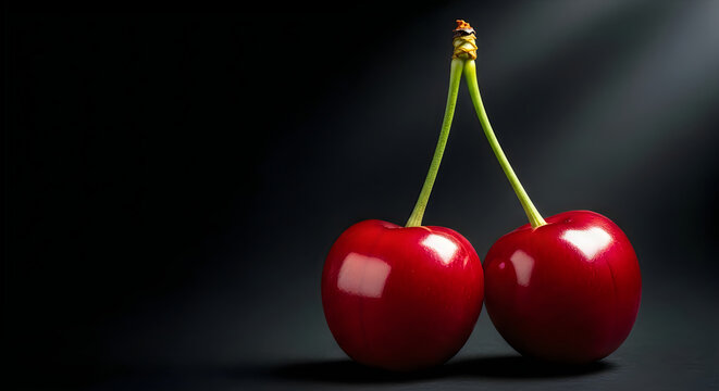 Two ripe cherries on a dark background with a dramatic lighting effect