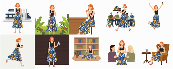 Diverse Lifestyle Illustration of Redhead Woman in Various Casual Activities