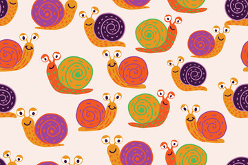 Seamless vector pattern with cute cartoon snail illustrations. Suitable for children’s design, textile, and nature-themed projects. © B_1_3
