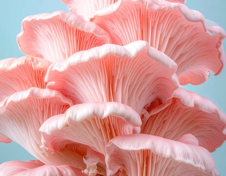 Close-up of delicate pink mushroom clusters with intricate, ridged surfaces against a soft, light-blue backdrop