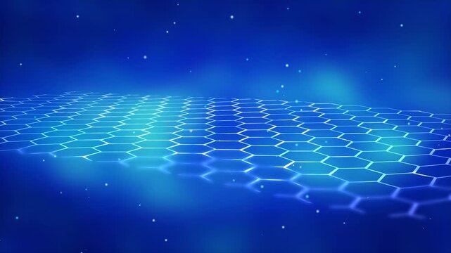 flexible horizontal hexagon structure isolated on blurred blue 3d space background; honeycomb grid, closeup slow motion front view, technolgy material for chemistry and pharmacy
