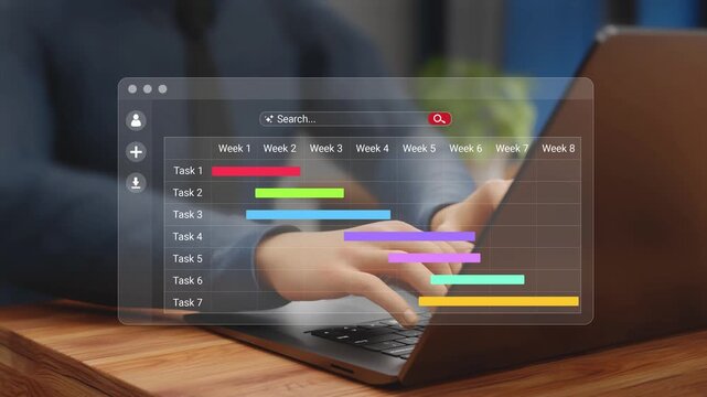 Project Management, Planning Software, Work Planner, Agenda, Organize Timetable, Schedule, Manage Business Tasks Concept. Manager with Gantt chart Schedule to Plan Tasks, Progress. 3D Video Animation