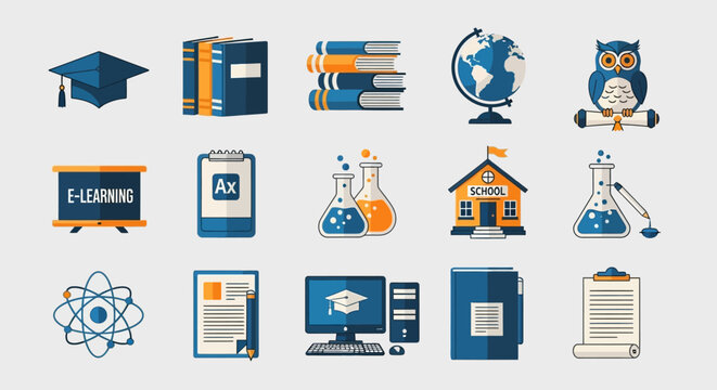 Education and E-Learning Icon Set: School, Science, and Academic Symbols in Flat Design Style