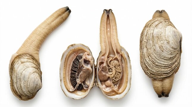 Geoduck Clam Anatomical Photo Set in Studio Style. A collection of mollusk anatomical images, including cross-section, internal organs, siphon, shell, seafood, and more. High resolution.