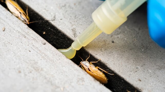 A pest management technician applying insecticide gel bead into concrete floor crevice to get rid of cockroaches.