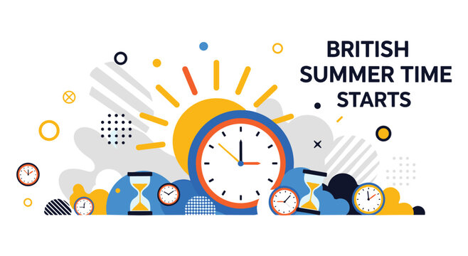 British summer time starts concept with clocks and hourglass illustrations