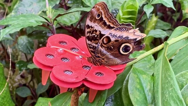 Close handheld shot of owl butterfly from genus Caligo resting on a feeder with wings open showing large eyespot markings among tropical foliage.