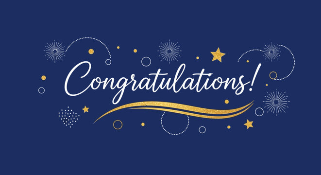 Congratulations Banner with Gold Glitter Stars and Fireworks on Dark Blue Background for Celebration, Achievement, and Success