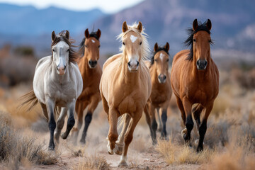 Obraz premium Wild Horses Running Free in Desert Landscape