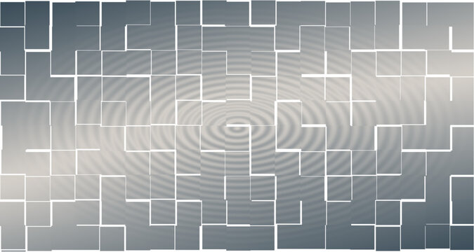 Abstract maze pattern with geometric white outlined rectangles and concentric ripple waves on gradient gray digital background