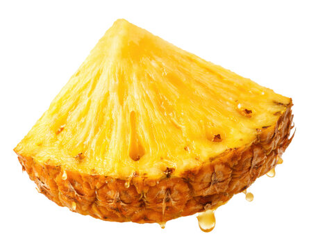 A Slice of Pineapple with juice droplets on it. Colorful image of a single fruit slice with an extended background. Isolated object on a white background in 300 dpi per centimeter, IPG format