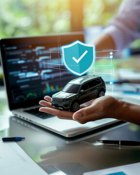 Car insurance protection concept with shield and checkmark on laptop background