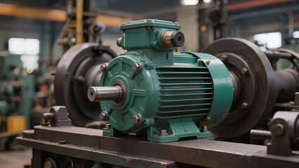 Obraz premium Industrial equipment and electric motors on a production line in a factory; suitable for banners, web, advertising, articles about industry, technology, manufacturing 