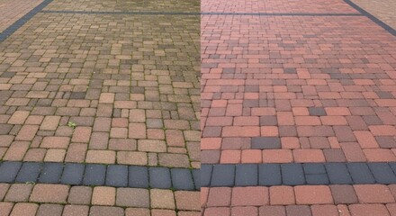 Fototapeta premium Before and after brick paver cleaning, showing transformation from dirty to clean, brick pavers