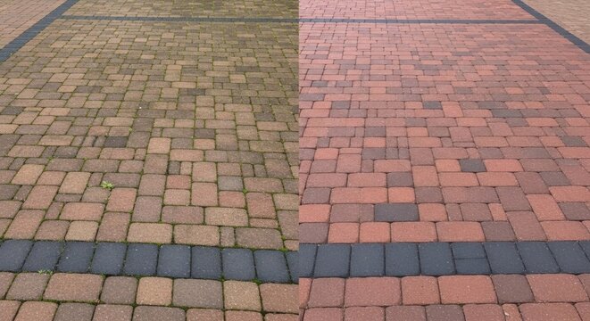 Before and after brick paver cleaning, showing transformation from dirty to clean, brick pavers