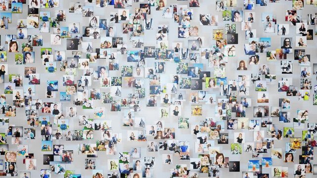 Many small photos creating a big community of people, social media concept.