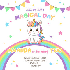 Fototapeta premium Unicorn cute illustration. Vector card design. Magical birthday party. 