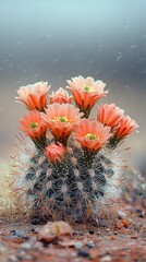 Naklejka premium Delicate cactus blooms display striking coral hues against a soft backdrop