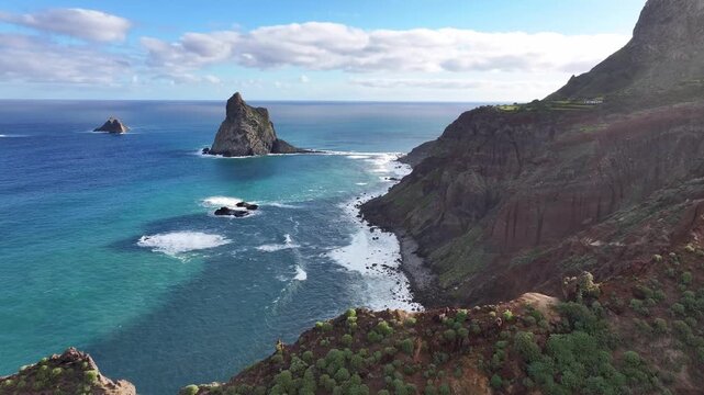 View from the mountains of Anaga Rural Park in northern Tenerife over the Atlantic Ocean with turquoise blue water. Canary Islands.