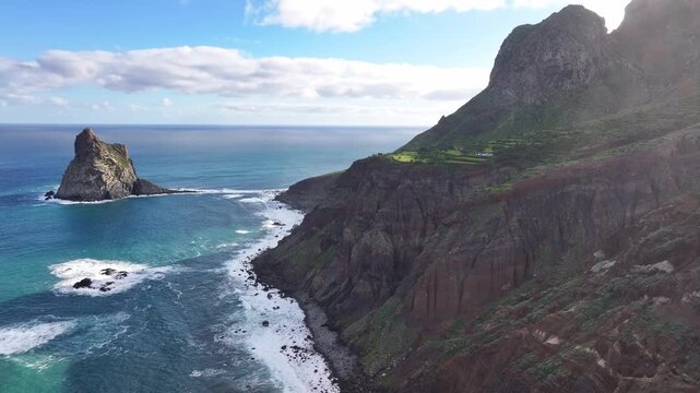 View of Anaga Rural Park in northern Tenerife towards the Atlantic Ocean with turquoise-blue water. Canary Islands.