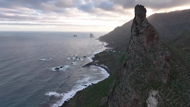 Anaga Rural Park at sunrise. In foreground Roque de las Animas. Tenerife. Canary Islands.