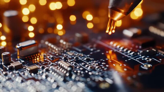 Engineer working on a printed circuit board, soldering microchips and electronic components, symbolizing precision manufacturing, technological development, and hardware innovation