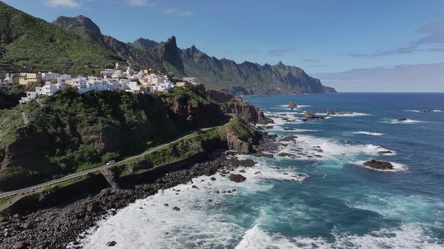Road along the village of Almaciga, northern part of Tenerife. Anaga Rural park. Canary Islands.
