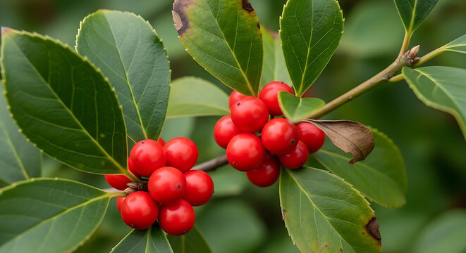 vibrant red pyracantha berries with green leaves