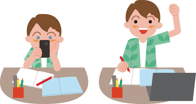 家庭学習する小学生の男の子。無気力とやる気の表情のイラスト。