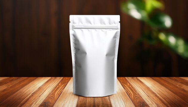 Stand Up Doypack Pouch Mockup For Coffee Or Tea Packaging On Wood Surface