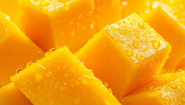 Close up of freshly cut mango cubes with water droplets