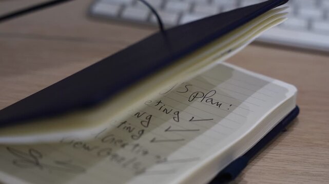 Close-up of an open notebook showing a handwritten marketing plan on an office desk, with keyboard in soft indoor light and shallow depth of field for business workflow concepts.