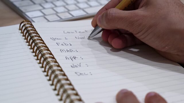 Close-up of a hand writing a content calendar in a spiral notebook on an office desk with keyboard, captured in soft indoor light with shallow depth of field.