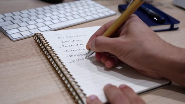 Close-up of a hand writing an event checklist in a spiral notebook on a wooden office desk with keyboard, captured in soft indoor light with shallow depth of field.