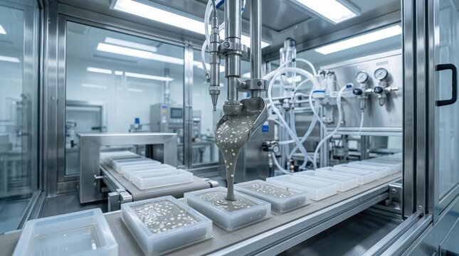 Production line pouring liquid selfhealing geopolymer binder into molds to test microcapsule dispersion and sealing efficiency in controlled environment.