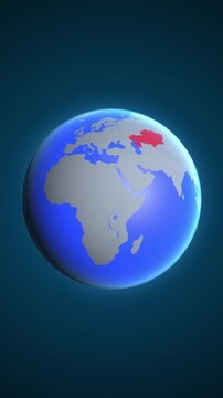 The animation shows a graphic representation of the earth and highlights the location and map of Kazakhstan colored red in vertical format.
