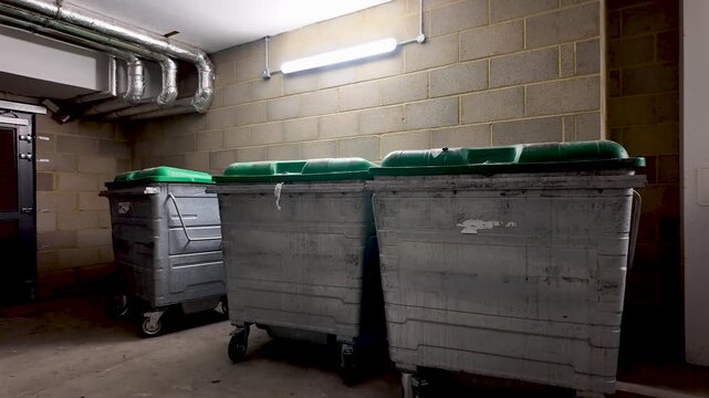 Communal waste bins with green lids lined in a dim London basement parking area under fluorescent light.