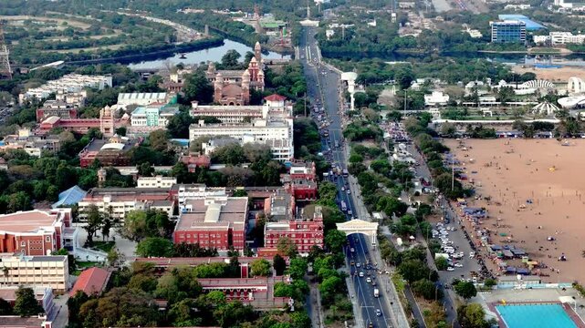 Aerial view of Dr.M G R Centenary Arch and Kamarajar salai Chennai. Presidency College, Chepauk Station Rd, PWD Estate, Chepauk, Triplicane, Chennai, Tamil Nadu 600005